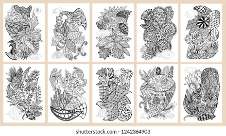 Set of hand drawn pages in zendoodle style for adult coloring book. Abstract marine and floral motifs with coral fishes, seashells and seaweeds. Elements for design, prints, invitation cards.