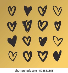 Set of Hand drawn paint heart. Black and gold romantic card. Abstract brush drawing. Grunge Vector art illustration