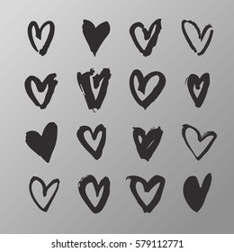 Set of Hand drawn paint heart. Black and metal card. Abstract brush drawing. Grunge Vector art illustration