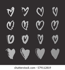 Set of Hand drawn paint heart. Black and metal card. Abstract brush drawing. Grunge Vector art illustration