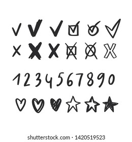 Set of hand drawn paint object black on white background. Different check marks, arrows, numbers, hearts and stars thin and bold lines for design use