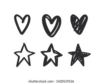 Set of hand drawn paint object black on white background. Different hearts and stars thin and bold lines for design use