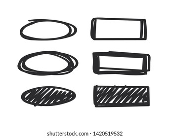Set of hand drawn paint object black on white background. Abstract forms like grunge circles and squares for design use