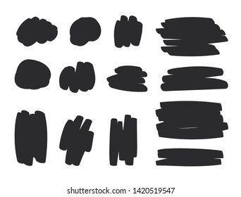 Set of hand drawn paint object black on white background. Abstract forms like grunge splashes, drops, stains, frames, blot for design use