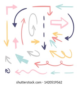 Set of hand drawn paint object colored on white background. Abstract arrows in different forms and styles for design use. 