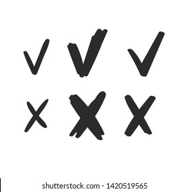 Set of hand drawn paint object black on white background. Different check marks, arrows thin and bold lines for design use