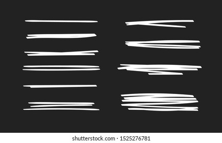 Set of hand drawn paint object. Abstract doodle lines, pencil drawing stripes for design use. White elements on black background