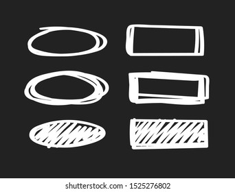 Set of hand drawn paint object. Abstract doodle lines, pencil drawing stripes for design use. White elements on black background