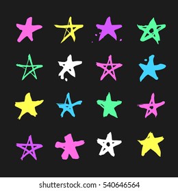Set of hand drawn paint object for design use. Acid colors on black background. Abstract brush drawing. Vector art illustration grunge stars
