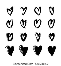 Set of hand drawn paint object for design use. Black and white Abstract brush drawing. Vector art illustration grunge hearts