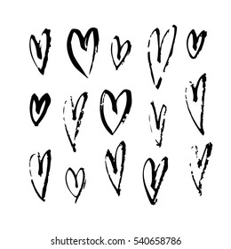 Set of hand drawn paint object for design use. Acid colors on black background. Abstract brush drawing. Vector art illustration grunge hearts