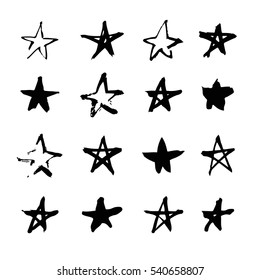 Set of hand drawn paint object for design use. Black and white  background. Abstract brush drawing. Vector art illustration grunge stars