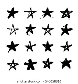 Set of hand drawn paint object for design use. Acid colors on black background. Abstract brush drawing. Vector art illustration grunge stars