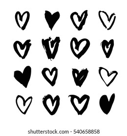 Set of hand drawn paint object for design use. Acid colors on black background. Abstract brush drawing. Vector art illustration grunge hearts