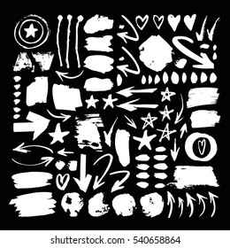 Set of hand drawn paint object for design use. Acid colors on black background. Abstract brush drawing. Vector art illustration grunge splashes, drops, stains, frames, arrows, hearts, stars, blot