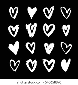 Set of hand drawn paint object for design use. Acid colors on black background. Abstract brush drawing. Vector art illustration grunge hearts