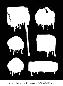 Set of hand drawn paint object for design use. Acid colors on black background. Abstract brush drawing. Vector art illustration grunge splashes, drops, stains, frames