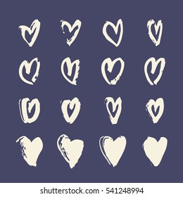 Set of hand drawn paint object for design use. On blue background. Abstract brush drawing. Vector art illustration grunge hearts