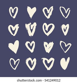 Set of hand drawn paint object for design use. On blue background. Abstract brush drawing. Vector art illustration grunge hearts