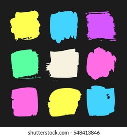 Set of hand drawn paint object for design use. Acid colors on black background. Abstract brush drawing. Vector art illustration grunge square