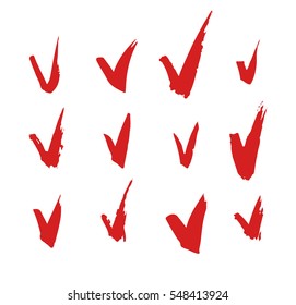 Set of hand drawn paint object for design use. Red on white background. Abstract brush drawing. Vector art illustration grunge check mark