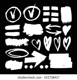 Set of hand drawn paint object for design use. Acid colors on black background. Abstract brush drawing. Vector art illustration grunge splashes, drops, stains, frames, arrows, hearts, blot, check mark