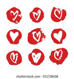 Set of hand drawn paint object for design use. Red on white background. Abstract romantic  brush drawing. Vector art illustration grunge circles and hearts. Valentine's day card