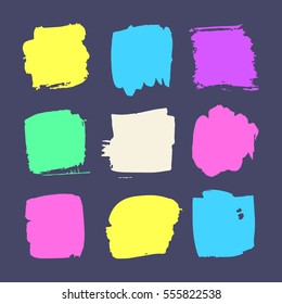 Set of hand drawn paint object for design use. Acid colors on blue background. Abstract brush drawing. Vector art illustration grunge square