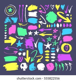 Set of hand drawn paint object for design use. Acid colors on blue background. Abstract brush drawing. Vector art illustration grunge splashes, drops, frames, arrows, hearts, check mark, stars, blot