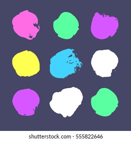 Set of hand drawn paint object for design use. Acid colors on blue background. Abstract brush drawing. Vector art illustration grunge circle