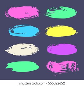 Set of hand drawn paint object for design use. Acid colors on blue background. Abstract brush drawing. Vector art illustration grunge oval banner