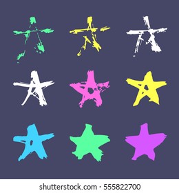 Set of hand drawn paint object for design use. Acid colors on blue background. Abstract brush drawing. Vector art illustration grunge stars