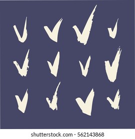 Set of hand drawn paint object for design use. Acid colors on black background. Abstract brush drawing. Vector art illustration grunge check mark