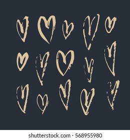 Set of hand drawn paint object for design use. Acid colors on black background. Abstract brush drawing. Vector art illustration grunge hearts