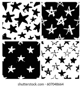 Set of hand drawn paint seamless pattern. Black and white stars background. Abstract brush drawing. Grunge Vector art illustration