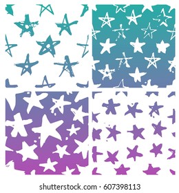Set of hand drawn paint seamless pattern. Neon stars background. Abstract brush drawing. Grunge Vector art illustration