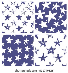 Set of hand drawn paint seamless pattern. Blue and white stars brush drawing. Grunge Vector art illustration. Independence Day USA background