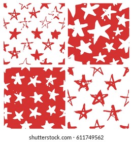 Set of hand drawn paint seamless pattern. Red and white stars brush drawing. Grunge Vector art illustration. Independence Day USA background