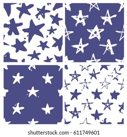 Set of hand drawn paint seamless pattern. Blue and white stars brush drawing. Grunge Vector art illustration. Independence Day USA background