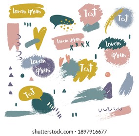 Set of hand drawn painted design elements. Vector grunge ink texture pastel color dry brush, strokes, spots, stripes, lines, templates, geometric shapes,labels, ribbons and brush strokes.