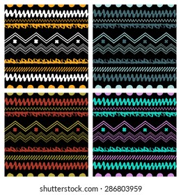 Set of Hand drawn painted ethnic seamless patterns. Tribal  traditional pattern of American indians. Use for wallpaper, pattern fills, web page background, fabric. Zigzag and stripe line.