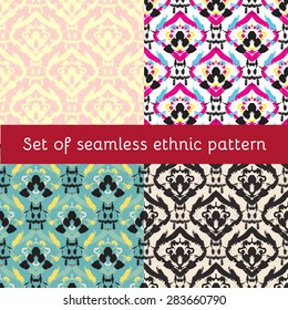 Set Hand drawn painted seamless pattern. Vector illustration for tribal design. Ethnic motif. Stripe line. For invitation, web, textile, wallpaper, wrapping paper.