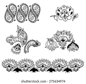 set of hand drawn paisley and flowers vector