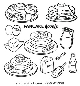 Set of hand drawn pancake and ingredients element doodle illustration
