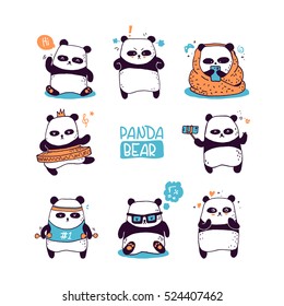 set of hand drawn panda doodles, panda bear in different positions and emotions