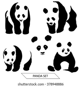 Set of hand drawn pandas isolated on white background.