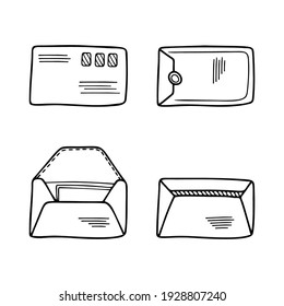 Set of hand drawn paper envelopes for letters isolated on a white background. Doodle, simple outline illustration. It can be used for decoration of textile, paper and other surfaces.