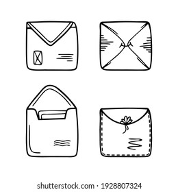 Set of hand drawn paper envelopes for letters isolated on a white background. Doodle, simple outline illustration. It can be used for decoration of textile, paper and other surfaces.
