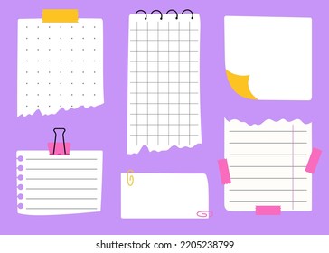 Set of hand drawn paper notes templates for checklists or to do lists. Notebook sheets with paperclip and sticky tape on purple background.