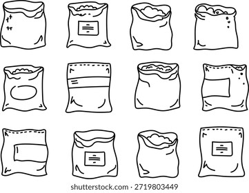 Conjunto de paquete de papel dibujado a mano o saco doodle, arte de línea Elemento de embalaje para compras, comestibles, regalos, alimentos, bolso de harina, semilla. icono de doodle de Vector png.